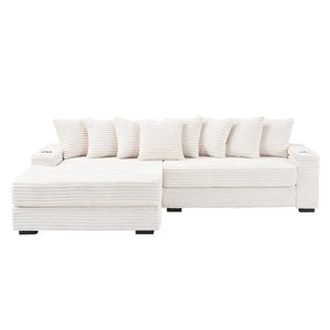 English Elm 111.4-inch Beige Corduroy Sectional Sofa with Storage Armrests and Reversible Chaise W1658S00131