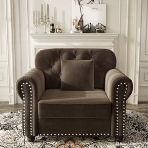 English Elm 41.3"upholstered Velvet Chesterfield Sofa Button Tufted with Nailhead Trim Reading Nook Brown W1885S00374