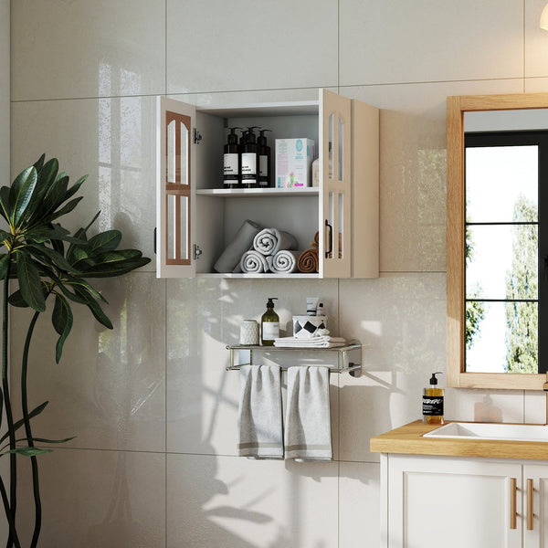 English Elm Wall Mounted Glass Door Display Cabinet with Fixed Shelves for Kitchen or Bathroom W331P379955