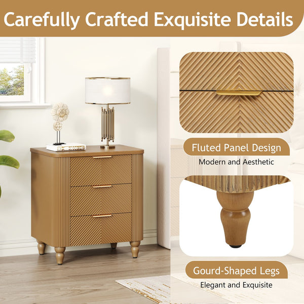 English Elm Mid-century Fluted 3 Drawer Nightstand with Gourd Legs and Gold Tone Handles for Bedroom Natural N761P285712N