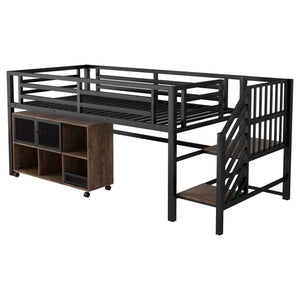 English Elm Twin Metal Loft Bed with Stairs and Six Storage Cubbies, Sturdy Metal Slat Support, Safe Low Design for Kids Black 75.2 L x 17.72 W x 9.45 H W2593P305749