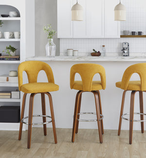 English Elm Fixed-height Swivel Barstools Walnut Bentwood Legs Chrome Footrest Yellow Seat Set of 2 B202S01881