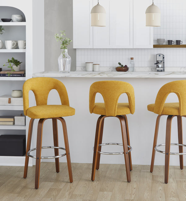 English Elm Fixed-height Swivel Barstools Walnut Bentwood Legs Chrome Footrest Yellow Seat Set of 2 B202S01881