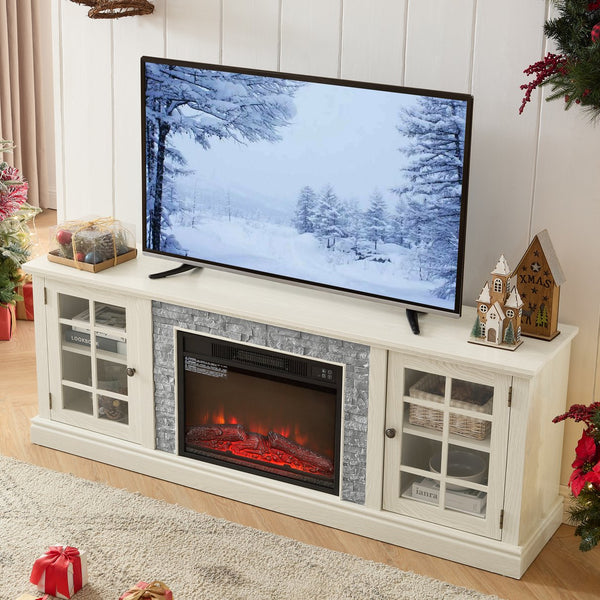 English Elm 70" Modern TV Stand with 23" Electric Fireplace, Faux Stone Mantel, Ample Storage & Cable Management White W2275S00022