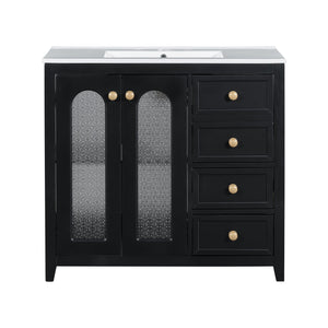 English Elm 36-inch ceramic basin vanity with patterned glass doors, gold round handles & ample storage drawers Black N729P184710B