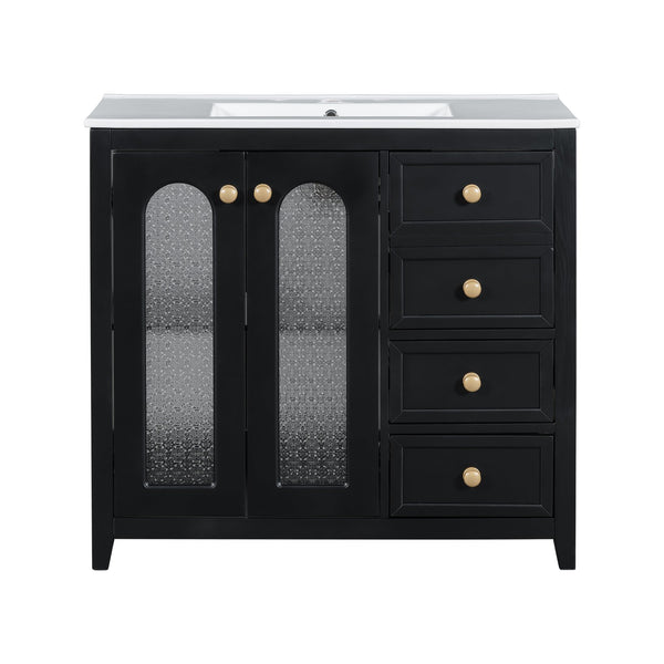 English Elm 36-inch ceramic basin vanity with patterned glass doors, gold round handles & ample storage drawers Black N729P184710B