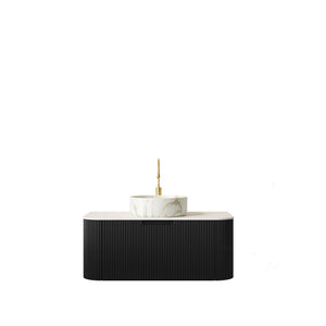 English Elm Dina Floating Bathroom Vanity Sintered Stone Top Glass Basin Striped Plywood Cabinet Black,Carrara White,Stone White W2615S00397