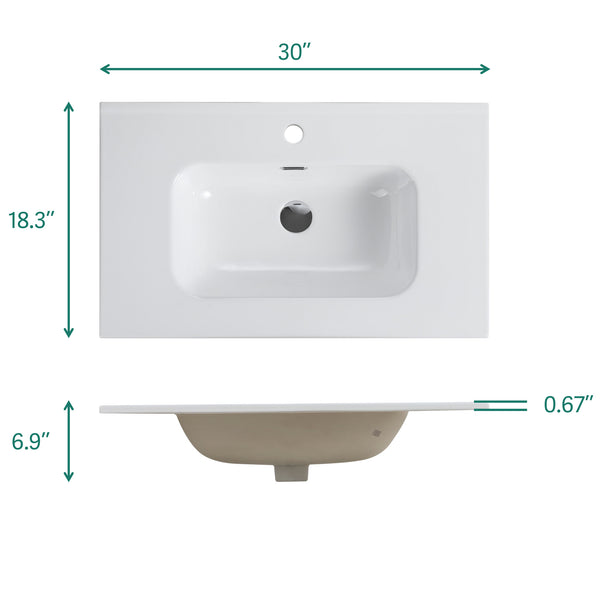 English Elm BB09-30-311, Glossy White Ceramic Integrated Basin with Rounded Edges, Easy-Clean Stain-Resistant Finish W1865P242293