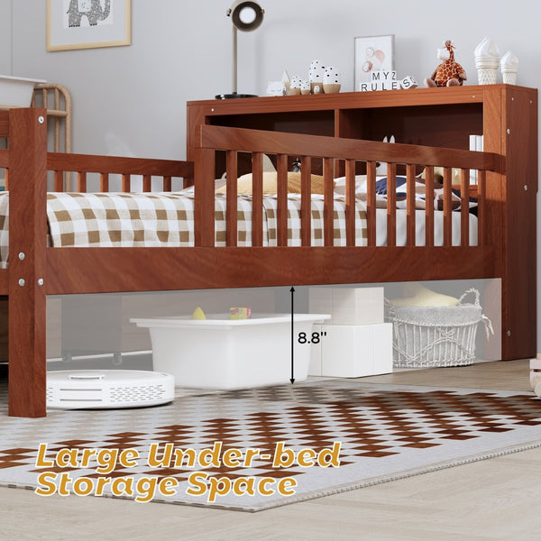 English Elm Twin Bed With Walnut Finish, Headboard Storage, Two Under-Bed Drawers & Safety Guardrails For Kids N733P272374D-GIGA