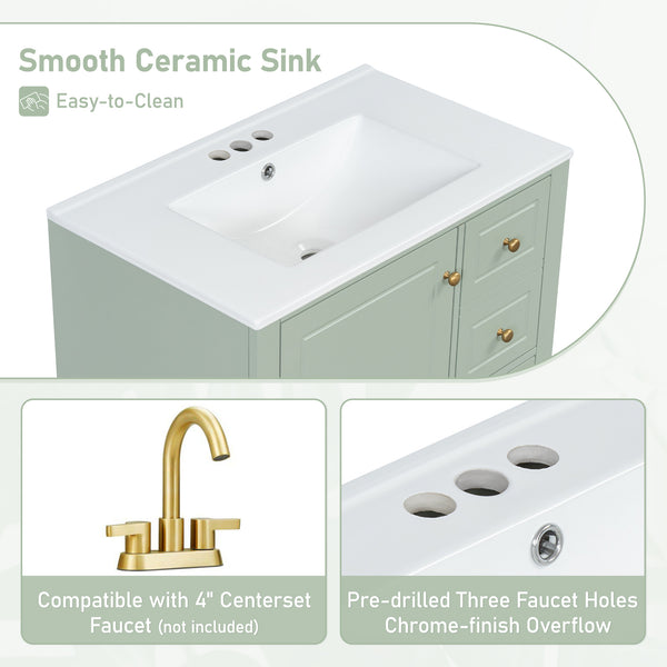 English Elm Christopher Knight Home® - 30" Freestanding Bathroom Vanity with Ceramic Sink, Soft-Close Door, Gold Knobs & 3 Drawers, Durable Painted Finish Light Green N759P225994G