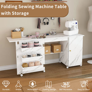 English Elm 57.5" Foldable Craft Station Rolling Sewing Table with Cabinet Bins and Open Shelf W2700P391395