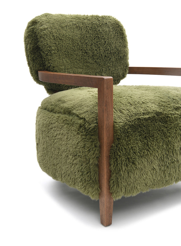 English Elm 1Pc Accent Chair - Plush Green Faux Fur With Walnut Arms, Cozy Contemporary Design For Any Room B2741P401374