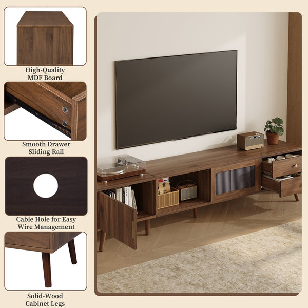 English Elm 76" Modern Minimal TV Stand with Waveform Glass Doors, Soft-Close Drawers, Cable Management, Solid Wood Legs (Fits TVs up to 85") N710P298234P