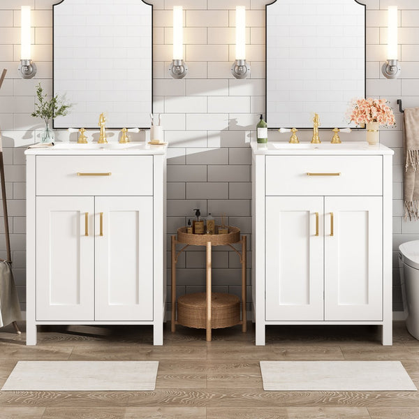 English Elm Modern 48 Inch Freestanding Bathroom Vanity Dual Ceramic Sinks Soft Close Gold Handles White N729P000008K
