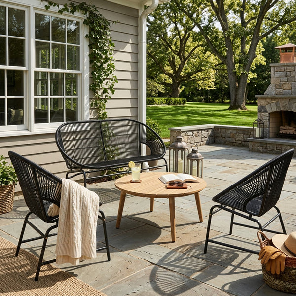 English Elm Nusa Outdoor Pe Rattan Conversation Set with Acacia Wood Coffee Table Patio Black,Natural NUSA4PCSET-BLK