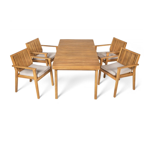 English Elm Christopher Knight Home® - Durable 5-Piece Outdoor Dining Set - Acacia Wood Table & 4 Heavy-Duty Cushioned Chairs, Natural Finish N779P234497N-2_N779P234500N