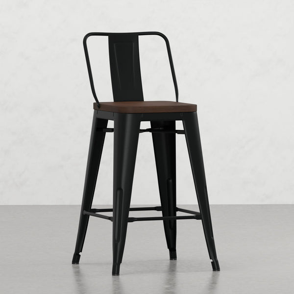 English Elm Keeley 24in Metal and Solid Elm Wood Counter Stools Set of 4 — Curved Backs, Footrests, Durable Finish Black B2732P253606