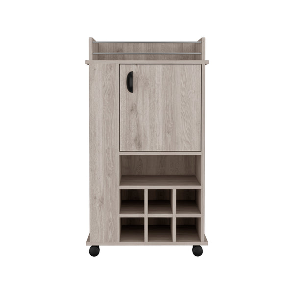 English Elm Fargo Grey Bar Cart with Cabinet, 6 Built-In Wine Slots, Open Shelf, Spacious Top & Casters B200P188865