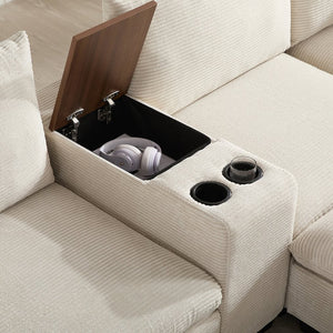 English Elm 139'' U-shaped Corduroy Sectional with Ottoman Console Usb Port and Cup Holders for Living Beige N723S1166A