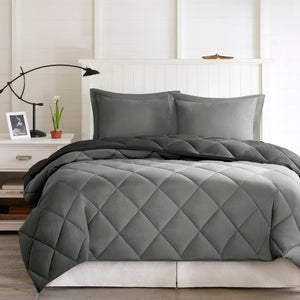 JLA Home Madison Park Essentials - 3M Plush Reversible Diamond Quilted Comforter Set with Scotchgard, Antimicrobial Odor Control, Hypoallergenic Black/Grey BASI10-0202