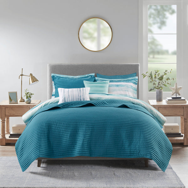 English Elm 8 Piece Seersucker Comforter & Quilt Set - Coastal-Inspired Aqua Bedding Collection For Full/Queen B03597256