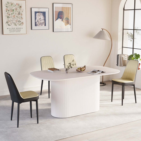 English Elm 63 Inch Mdf Cream Dining Set with Pu Cushioned Chairs and Black Metal Legs Seats 4 Beige+Cream,Black W2189S00873