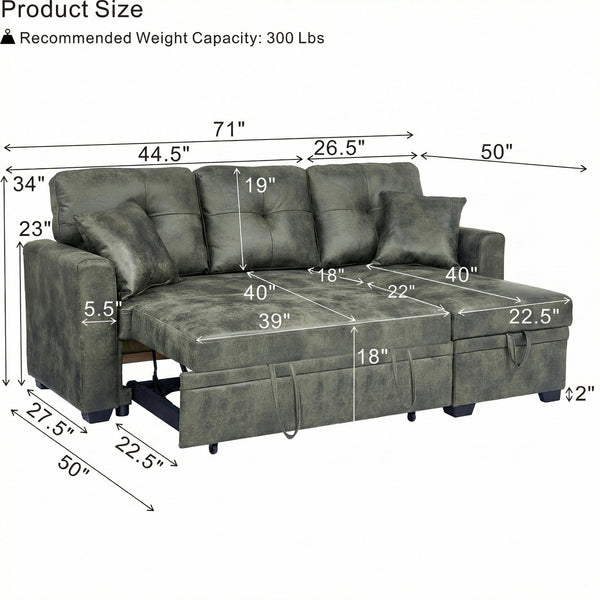 English Elm Sleeper Sectional Sofa with Pull Out Bed Storage Chaise Tufted Olive Fabric W5568S00036