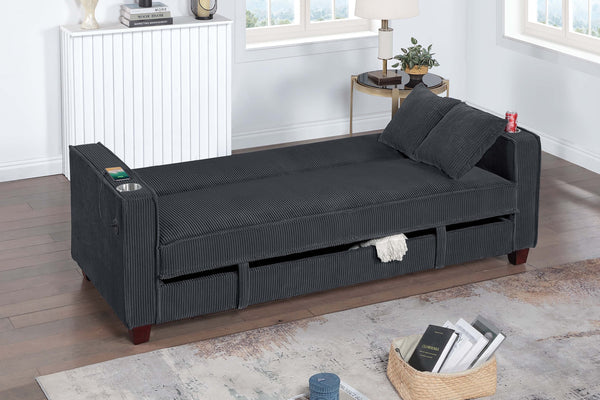 English Elm 1pc Corduroy Convertible Sofa with Storage Base Usb Port Cup Holders Wood Legs Black B011P430418