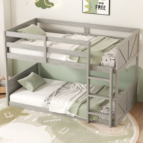 English Elm Twin Twin over Twin Floor Bunk Bed with Rustic Panel Headboards, Solid Rubberwood Frame, Space-Saving Design Antique White W504P263832