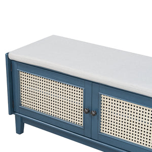 English Elm Trexm Bohemian Rattan Storage Bench Cushioned Seat Shoe Cabinet for Entryway Antique Navy,Beige N715P308012M