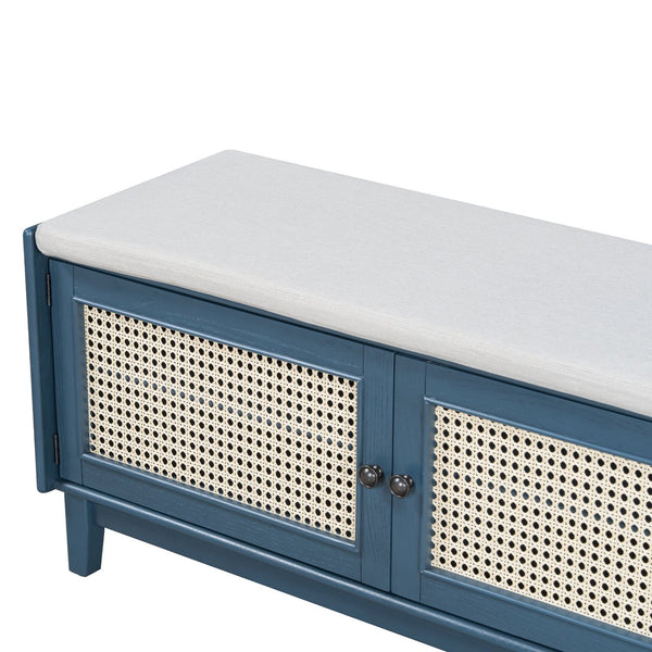 English Elm Trexm Bohemian Rattan Storage Bench Cushioned Seat Shoe Cabinet for Entryway Antique Navy,Beige N715P308012M