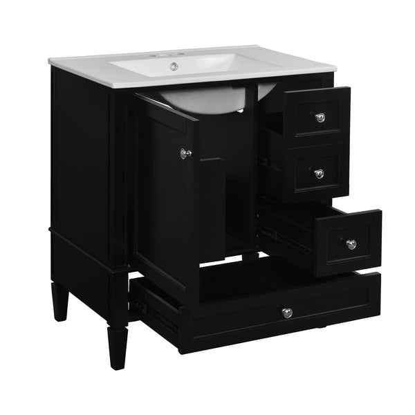 English Elm 30 30 Inch Bathroom Vanity with Ceramic Sink, Modern Compact 3-Drawer Storage Cabinet for Small Baths Black N710P247499B