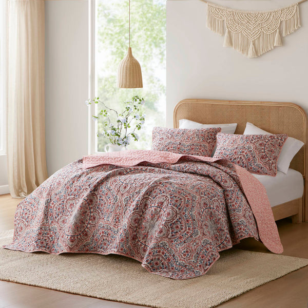 JLA Home Super Listing - Boho Valerie Reversible Quilt with Watercolor Medallion and Tonal Floral, Ultra‑Soft Brushed Microfiber Pink AM14-0596