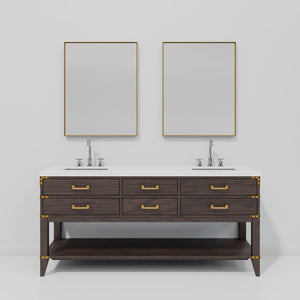 English Elm Brown Oak Double Bath Vanity Set With White Quartz Top, Faucets & Mirrors – Elegant Storage Solution B2731S01897