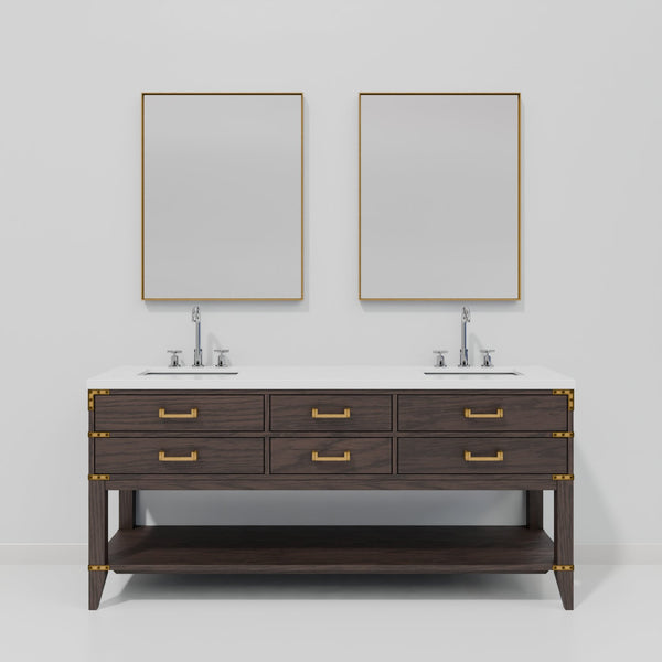 English Elm Brown Oak Double Bath Vanity Set With White Quartz Top, Faucets & Mirrors – Elegant Storage Solution B2731S01897