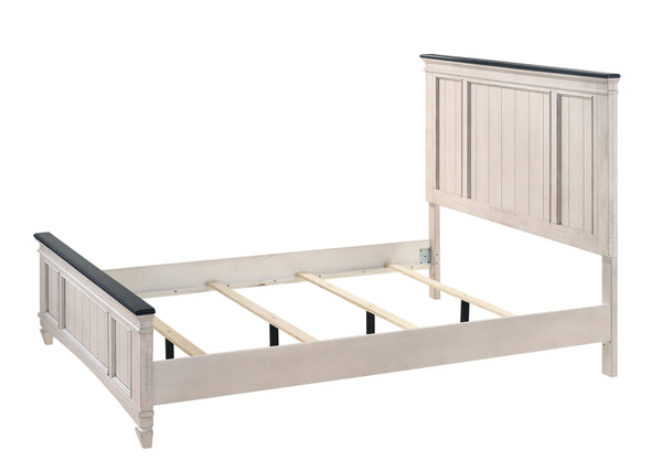 English Elm 1pc Rustic Industrial Queen Panel Bed with Cutout Headboard and Bench-Style Footboard, Solid Wood Finish Beige+Brown 85 L x 40.25 W x 6.15 H B011S01347