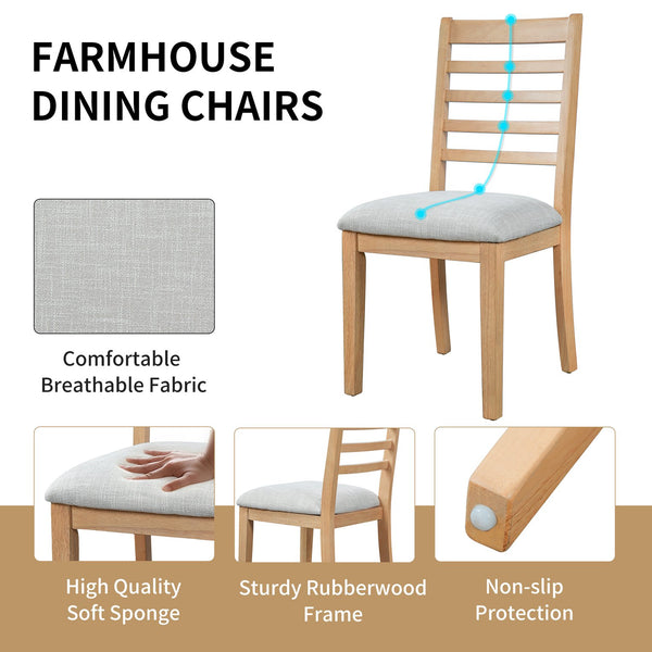 English Elm 2-piece Farmhouse Ladder Back Dining Chair Set Rubberwood Frame Upholstered Seat Kitchen Natural+Beige N752P436724N