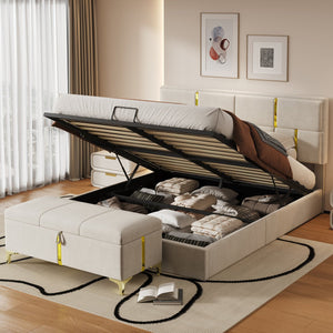 English Elm 2-pieces Queen Platform Bed Set Pu Upholstered Hydraulic Storage with Gold Accent Ottoman N733S362242A