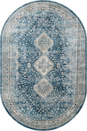 Unique Loom Newport Rosecliff Machine Made Border Rug Navy Blue, Ivory/Light Blue 5' 3" x 8' 0"
