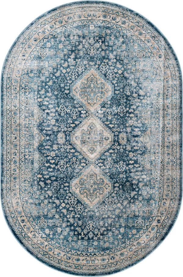 Unique Loom Newport Rosecliff Machine Made Border Rug Navy Blue, Ivory/Light Blue 5' 3" x 8' 0"