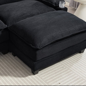 English Elm Modern Black Corduroy L-shaped Sectional with Ottoman for Spacious Living Rooms W2715P382263
