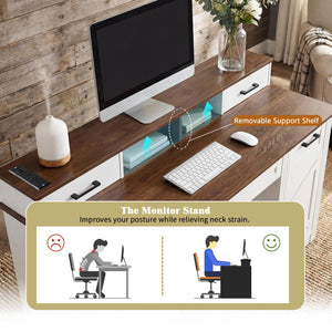 English Elm 55" Farmhouse Writing Desk with Cabinet Charging Station Pegboard and Monitor Stand White W2917S00008