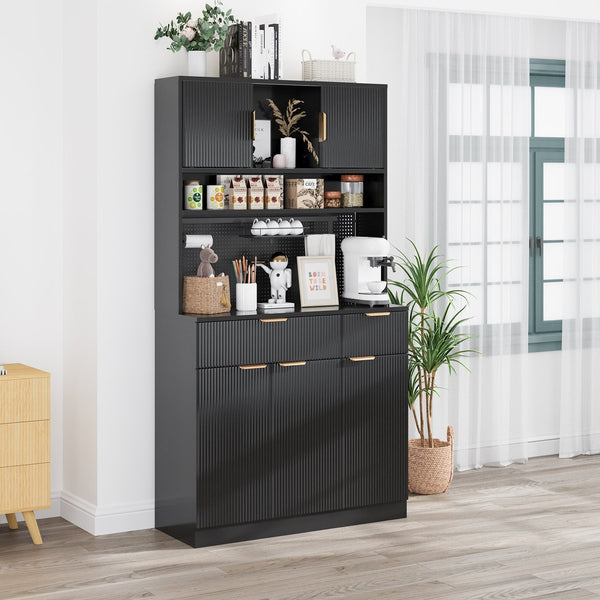 English Elm Pantry Hutch with Fluted Mdf Panels Charging Station Pegboard and Open Shelving T3773P416035