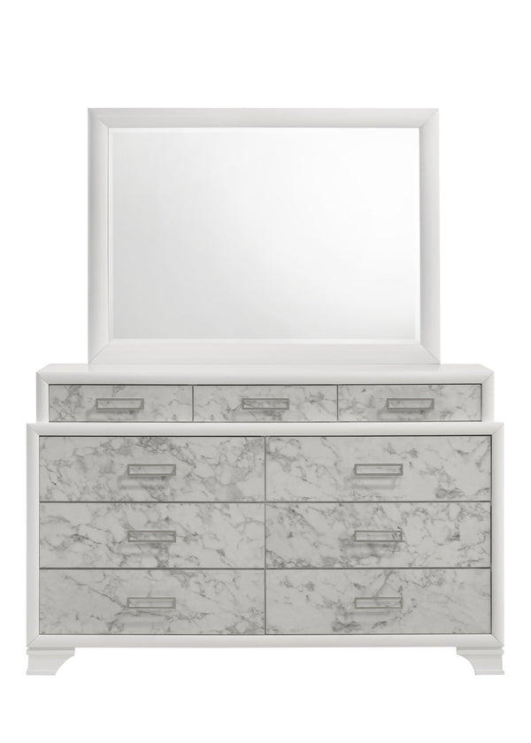 English Elm Soul Modern White Dresser with Marble-Pattern Fronts, 9 Drawers, Smooth Slides & Silver Handles G150108660