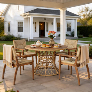 English Elm 5-piece Outdoor Dining Set Round Acacia Wood Table with Handwoven Wicker Armchairs Teak N770PS5345269T