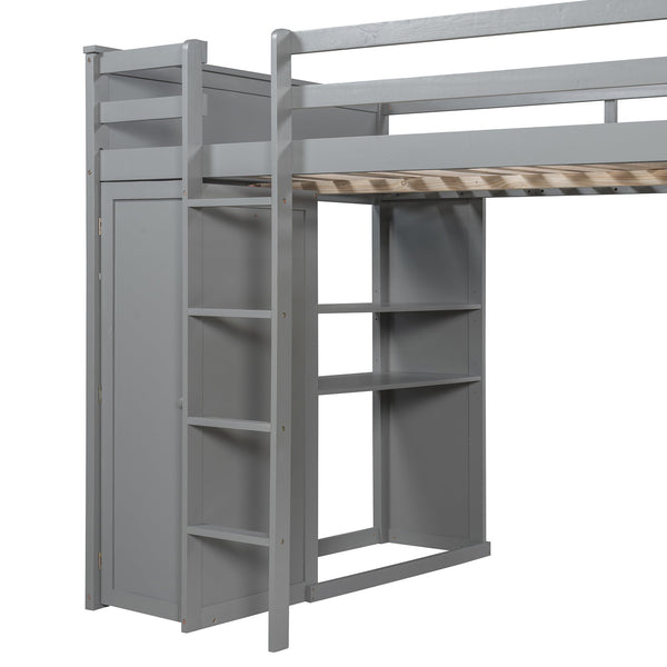 English Elm Full Twin Loft Bed with Desk Wardrobe Shelves Pine Wood Frame Kids Bedroom Gray LT000821AAE-1