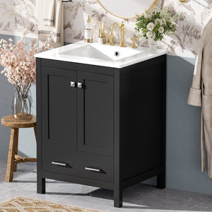 English Elm 24-inch Modern Bathroom Vanity with Ceramic Sink, Soft-Close Doors, Drawer Divider & Ample Storage Black N729P299440B