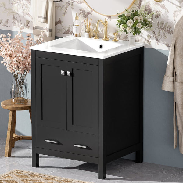 English Elm 24-inch Modern Bathroom Vanity with Ceramic Sink, Soft-Close Doors, Drawer Divider & Ample Storage Black N729P299440B