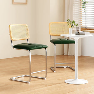 English Elm Farini Velvet Counter Height Bar Stools Set of 2 with Rattan Back, Cantilever Comfort & Floor Protectors Green T3623P354967