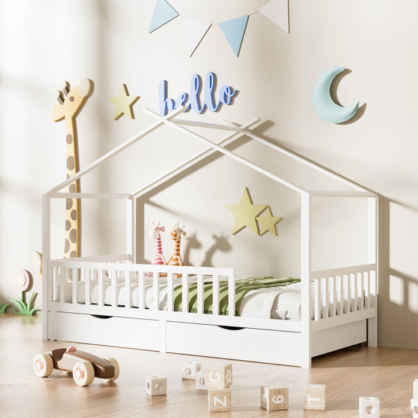 English Elm Full House Bed Cream White with Roof & 2 Storage Drawers, Solid Wood Montessori Full Frame for Kids W2992S00004